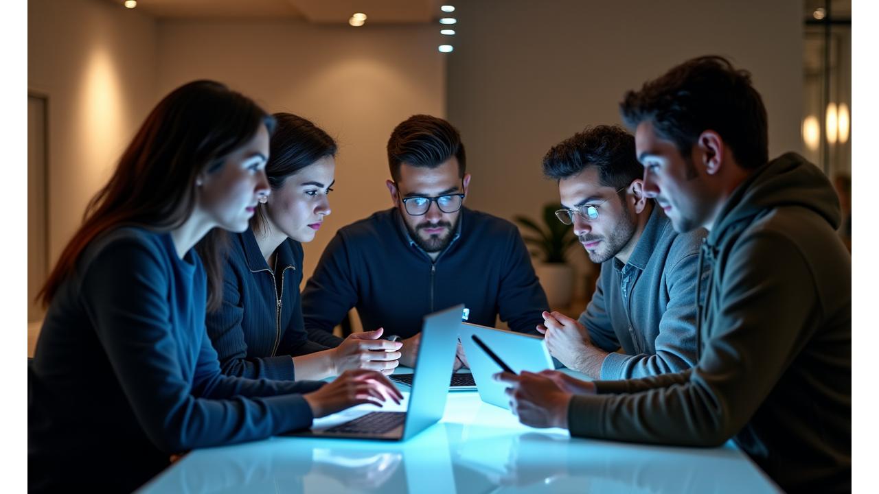 People gathered around a table in a modern co-working space, actively engaged in conversation and looking at digital devices.