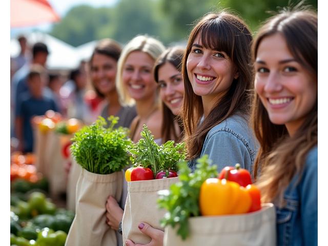 A group of smiling Austin residents at a farmers market, holding reusable bags with fresh, vibrant local produce, symbolizing community and sustainable living.