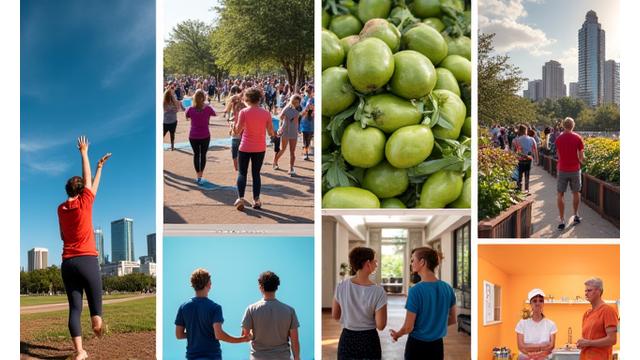 A mosaic of four smaller images showcasing different Austin wellness activities from the past week: a yoga class, a farmer's market, a group run, and a healthy cooking demonstration, conveying variety and community engagement.
