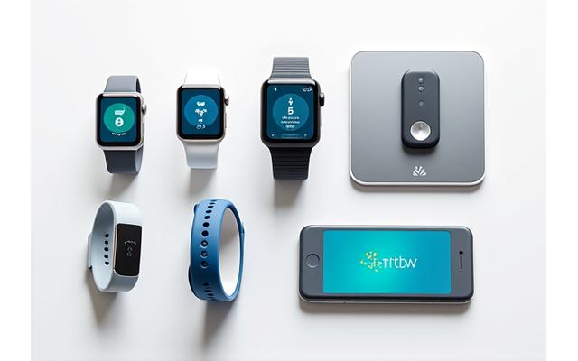 Grid of various smartwatches, fitness trackers, and a smartphone showing app integrations.