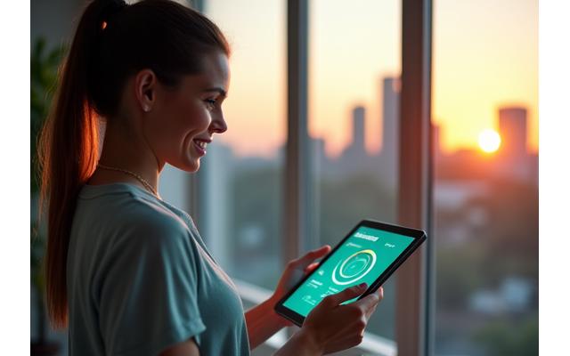 A woman in her late 30s smiling while using a tablet displaying a personalized wellness plan, with a blurred modern Austin skyline in the background, subtly integrated with digital health metrics overlays.