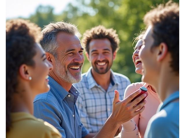 A diverse group of Austin residents, aged 35+, authentically smiling and interacting, possibly after a wellness activity. The image conveys community, health, and genuine engagement.