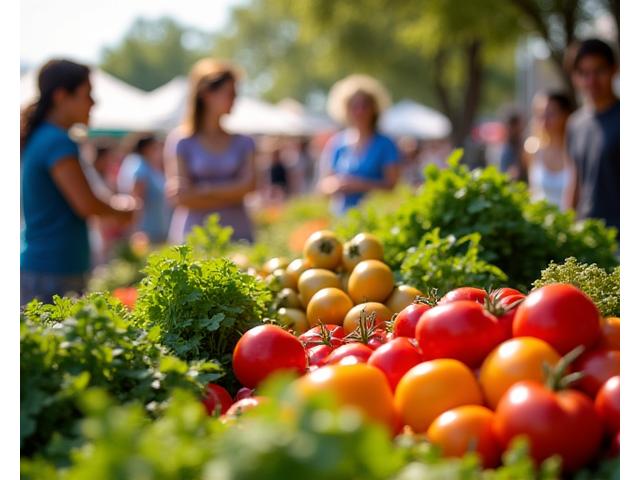 A vibrant, bustling Austin farmers market scene with fresh produce and happy shoppers, symbolizing local health resources.